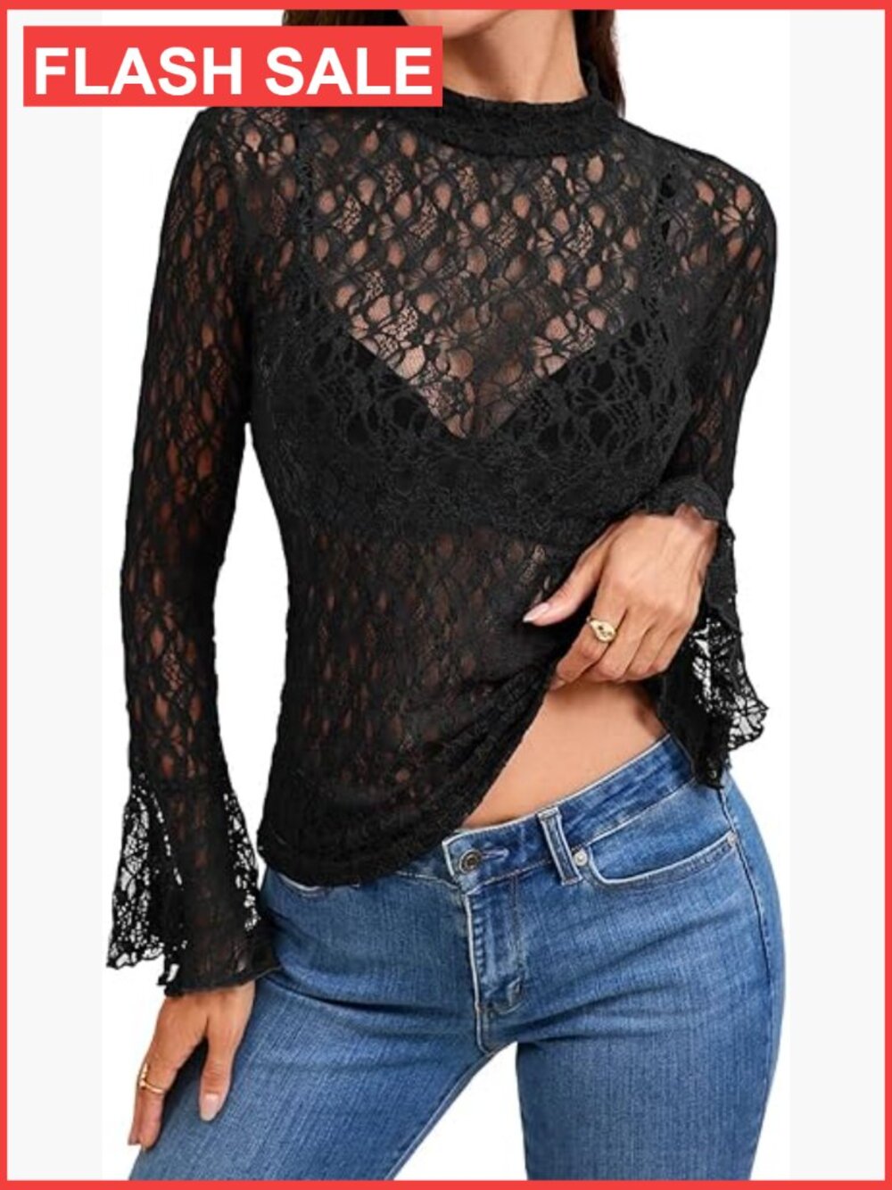 Women's Lace Mesh Bell Long Sleeve Mock Neck Sheer Blouse Slim Fit Top